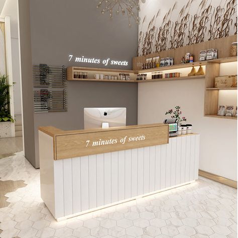 Shop Counter Ideas, Cash Counter Design, Wooden Reception Desk, Front Desk Design, Curved Reception Desk, Shop Counter Design, Wood Reception Desk, Cash Counter, Salon Reception Desk