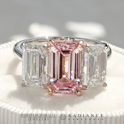 A Joseph Schubach design. This three stone emerald cut ring features a 3 1/2ct Radiance® Pastel Pink emerald cut lab grown sapphire and two Radiance® Premium emerald cut moissanites weighing 3.4ct total (diamond equivalent). The setting is crafted in 14kt rose gold and platinum. Contact us for additional info or to make this with different stones. Pink Emerald Cut Engagement Ring, Three Stone Emerald Cut Ring, Pink Diamond Wedding Rings, Fancy Pink Diamond Ring, Damascus Steel Wedding Band, Dig Jewelry, Pink Rings, Ring Leader, Luxury Stuff