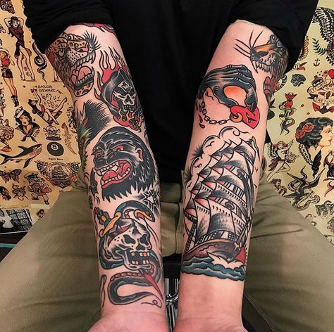 Black And Red Traditional Tattoo, Trad Sleeve, Traditional Tattoo Arm, Old School Tattoo Sleeve, Flesh Tattoo, Tattoo Sleeve Filler, Traditional Black Tattoo, Tattoo Catalog, Tattoos Traditional