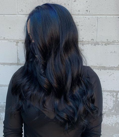 Blue Ghost Roots Black Hair, Blue Black Hair Curly, Blue Black Curly Hair, Blue Roots Black Hair, Blue Roots, Blue Black Hair, Dark Blue Hair, Black Curly Hair, Hair Shine