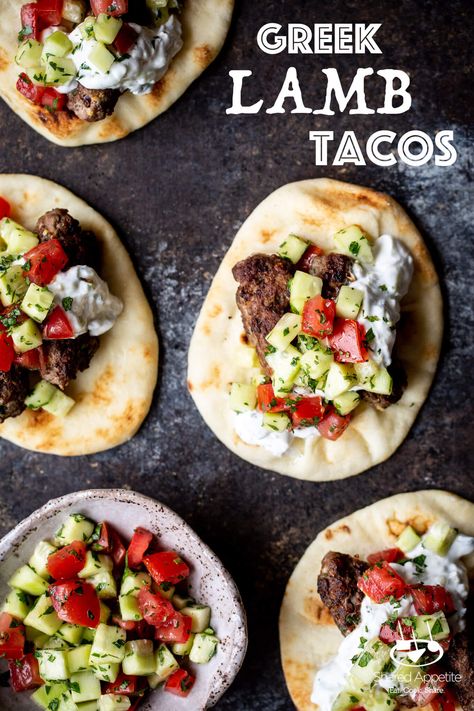 Greek Lamb Tacos - Shared Appetite Lamb Taco, Ground Lamb Recipes, Avocado Tuna, Tostada Recipes, Lamb Dinner, Sweet Potato Tacos, Homemade Tzatziki, Easy Chili, Ground Lamb