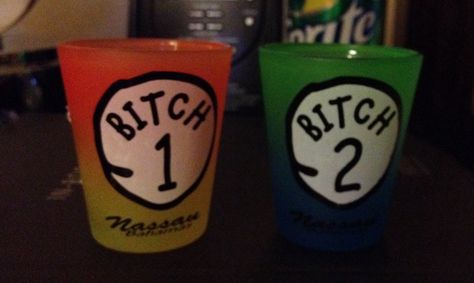 Bitch 1 & 2 shot glasses Shot Glass Painting Ideas, Shot Glass Painting, Glass Painting Ideas, Funny Shot Glasses, Tile Painting, Bahamas Cruise, Funny Glasses, Painting Tile, Glass Ideas