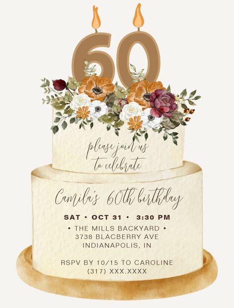 Chic Orange Fall Autumn 60th Birthday Cake Invitation Foliage Cake, 60 Birthday Party Ideas, Cake Invitation, Cake Unique, 60th Birthday Cake, 60th Birthday Party Invitations, Fall Birthday Parties, Cake Illustration, 60th Birthday Cakes