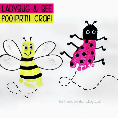 Adorable Ladybug Footprint and Bee Craft to go along with the kids book, Ladybug Girl & Bumblebee Boy. Perfect for kids ages 2-6! Craft Ladybug, Bee Craft, Bee Crafts For Kids, Ladybug Girl, Footprint Craft, Insect Crafts, Baby Art Projects, Footprint Crafts, Ladybug Crafts