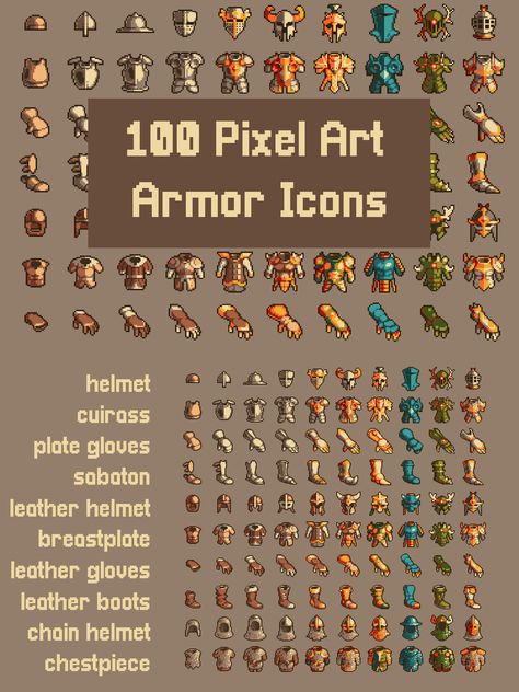 100 Pixel Art Armor Icons Pack 6 Pixel Art Armor, Pixel Armor, Pixel Art Dungeon, Rpg Game Design, Idle Game, Learn Computer Coding, Pixel Characters, Pixel Art Tutorial, Cool Pixel Art