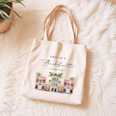 FIONA Charleston Bachelorette Canvas Tote Bag Bachelorette Tote Bags, Bachelorette Bag, Charleston Bachelorette, Bachelorette Tote, Bridesmaid Tote Bags, Elegant Script Fonts, Chic Bags, Bachelorette Weekend, Newlywed Gifts