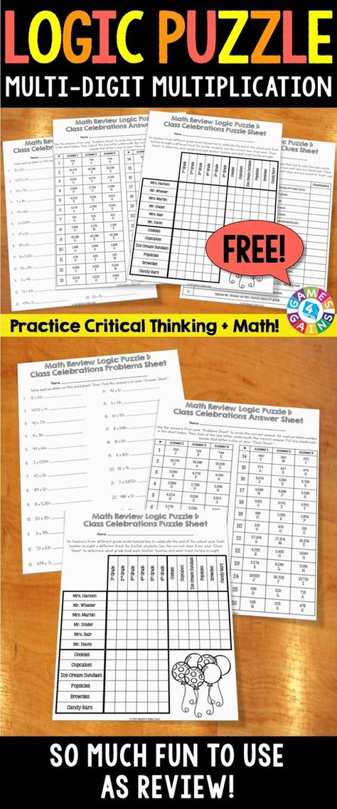 FREE Printable Multi Digit Multiplication Logic Puzzle Multiplication Activity, Basic Multiplication, Multi Digit Multiplication, Multiplication Activities, Logic Puzzle, Differentiation Math, Division Worksheets, Summer Math, Math Multiplication