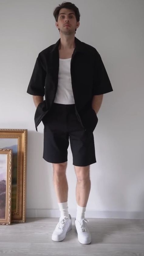 Shorts Outfits Men Korean, Black And White Summer Outfits Men, Aesthetic Male Outfits, Black Summer Outfits, Black Shorts Outfit, Formal Streetwear, White Summer Outfits, Mens Vest Fashion, Black Outfit Men