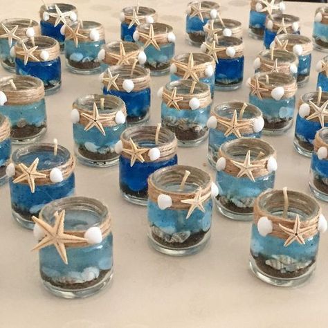 Deco Theme Marin, Cheap Wedding Favor Ideas, Toples Kaca, Beach Themed Crafts, Beach Bridal Showers, Nautical Crafts, Gel Candles, Wedding Favor Ideas, Cheap Gift