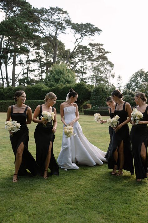 Black And White Wedding Guests, Bride Squad Photoshoot, 5 Bridesmaids Pictures, All Black Wedding Guests, Old Money Bridesmaid Dresses, Mismatched Black Bridesmaid Dresses, Black And White Garden Wedding, Black White Bridal Party, All Black Wedding Party