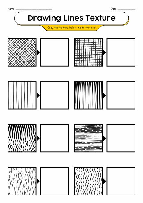 Art Texture Worksheet Line Drawing Exercises, Shading Practice Worksheet, Line Exercises Drawing, Texture Line Drawing, Texture Worksheet, Line Techniques, Texture Practice, Elements Of Art Texture, Sheet Drawing