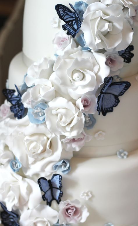 A cake close up of Chloe & Josh's Spring butterfly wedding cake 29.03.15 #thesugaredroserealweddings #butterflycake #butterflyweddingcake Butterfly Wedding Cake Ideas, Blue Butterfly Wedding, Engagement Party Brunch, Butterfly Wedding Cake, Orchid Cake, Butterfly Wedding Theme, Spring Butterfly, Butterfly Cake, Floral Wedding Cake