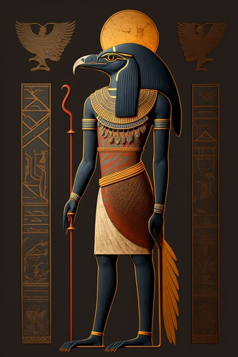 He was often depicted with the head of a falcon and a golden sun disk on his head, symbolizing his connection to the sun. Egyptian Creation Myth, Ra God Egypt, Ra God Of The Sun, Ra Egyptian God, Thoth Egyptian God, Ra God, Egyptian Sun God, Egyptian Eye Tattoos, Egyptian Artwork