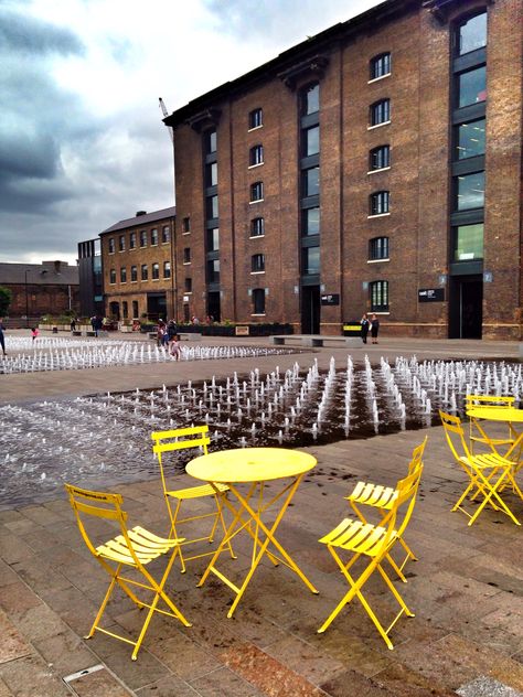 Kings cross, granary square, London Granary Square, Fountain Square, Factory Architecture, Kings Cross, Public Square, Industrial Architecture, Public Realm, Kingdom Of Great Britain, Water Element