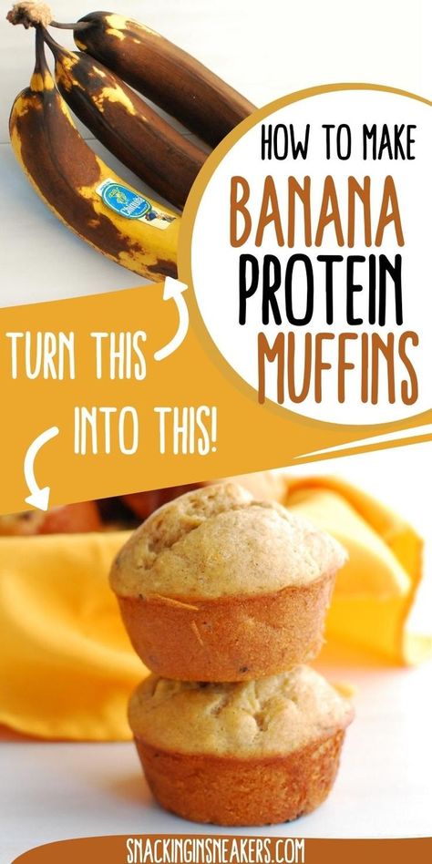 Brown bananas in one image and banana protein muffins in the other, with a text overlay. Banana Bread Muffins Protein, Easy Protein Banana Muffins, Banana Muffins With Protein Powder, Macro Friendly Banana Muffins, Banana Protein Powder Muffins, Ripe Banana Protein Recipes, Banana And Protein Powder Recipes, Protein Snacks With Banana, Gluten Free Banana Protein Muffins