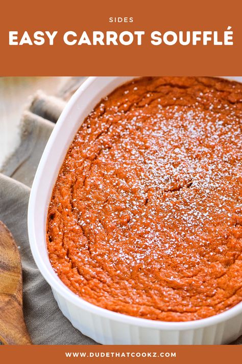 Carrot soufflé is a creamy and slightly sweet side dish that goes well with any main entree. Perfect for the holidays or any day. #soufflerecipes #carrotsouffle #holidayrecipes #sidedishes #sidedishrecipes #carrotrecipes Carrot Souffle With Pecan Topping, Piccadilly Carrot Souflee, Carrot Sufle, Picadilly Carrot Soufflé, Leftover Carrot Recipes, Carrot Suffle Recipe Easy, Side Dishes With Ham, Carrot Casserole Recipes, Easy Carrot Souffle Recipe