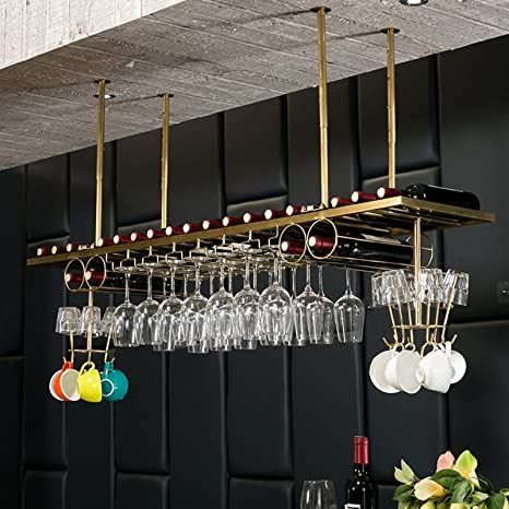 Mini Bar At Home, Modern Contemporary Interior Design, Family Bar, Hanging Wine Rack, Cup Rack, Stemware Rack, Wine Bottle Rack, Home Bar Designs, Wine Glass Rack