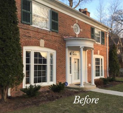 Exterior Accents Change Everything: Before & After Brick Colonial Exterior Makeover, Colonial Curb Appeal Before And After, Colonial Brick House Exterior, Red Brick Colonial House Exterior, Small Brick Colonial House Exterior, Brick Colonial House Exterior, Updated Colonial Exterior Brick, Colonial Exterior Remodel, 2 Story Colonial Exterior Update