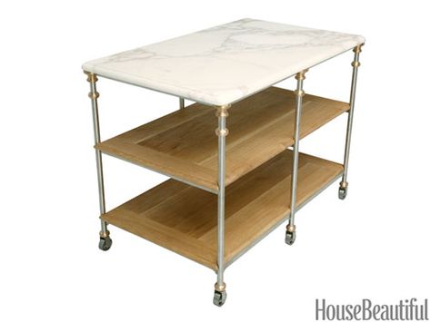 Stainless Steel & Bronze Bronze Kitchen Island, Small Kitchen Cart, Stainless Steel Kitchen Cart, Marble Top Kitchen Island, Freestanding Kitchen Island, Marble Island, Bronze Kitchen, Oak Shelves, Marble Wood