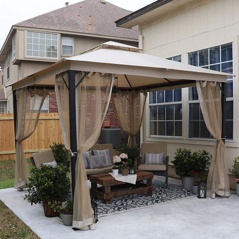 Terrace Gazebo Pergola Ideas, Gazebo Over Patio, Small Pergola Patio, Small Gazebo, Gazebo Patio, Metal Gazebo, Patio Stairs, Gazebo Decorations, Gazebo Roof