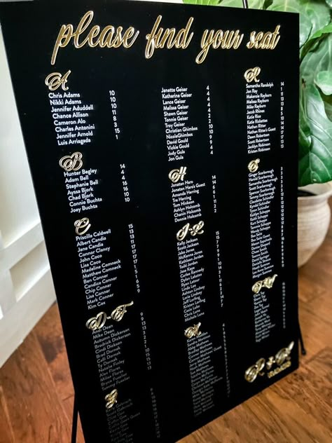 Black Acrylic Seating Chart, Please Find your Seat, Acrylic wedding sign, Custom wedding sign, Seating chart, Gold seating chart Add a touch of elegant detail to your wedding or special event with our beautiful, laser cut and ENGRAVED acrylic custom seating chart!  Here, at The Confetti Home, we take great pride and joy in our creations, knowing that every detail is important to your special occasion, and handpicked by you! We create our wedding décor with excellence and high-quality materials t Black Tie Wedding Welcome Sign, Black And Gold Seating Chart, Black And Gold Wedding Theme Receptions, Wedding With Black Accents, Black And Gold Wedding Decorations, Black Wedding Reception Decor, Black And White Wedding Theme Classy, Black Wedding Colors, Wedding Sign Seating Chart