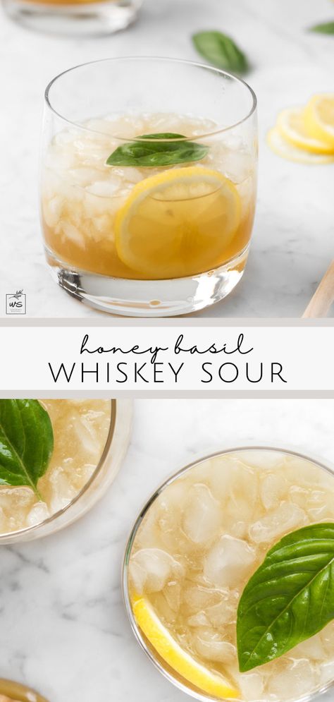 This honey whiskey sour is filled with fragrant basil and rounded out with a sweet hit of anise honey simple syrup. A refreshing spring recipe. Follow with_spice for more seasonal recipes! Spring Whiskey Cocktails, Honey Cocktail, Healthy Spring Recipes, Honey Whiskey, Spring Lunch, Yummy Cocktails, Honey Simple Syrup, Spring Recipe, Refreshing Summer Cocktails