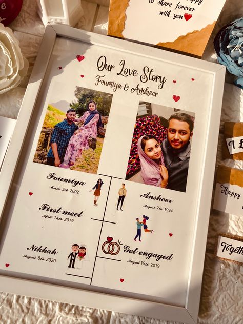 Our Love Story Frame Ideas, Anniversary Gift For Bhaiya Bhabhi, Wedding Anniversary Frame Ideas, Anniversary Frame Ideas, Wedding Photo Frame Ideas, Frame For Boyfriend, Love Story Frame, Anniversary Photo Frame, Wedding Frame Gift