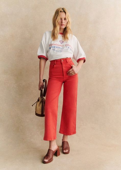 Le Crop  - Red - Organic Cotton - Sézane Suit Shoes, Knitwear Dress, Leather Dresses, Knitwear Tops, Soft Natural, White Embroidery, Pocket Jeans, Cropped Denim, Winter 2024