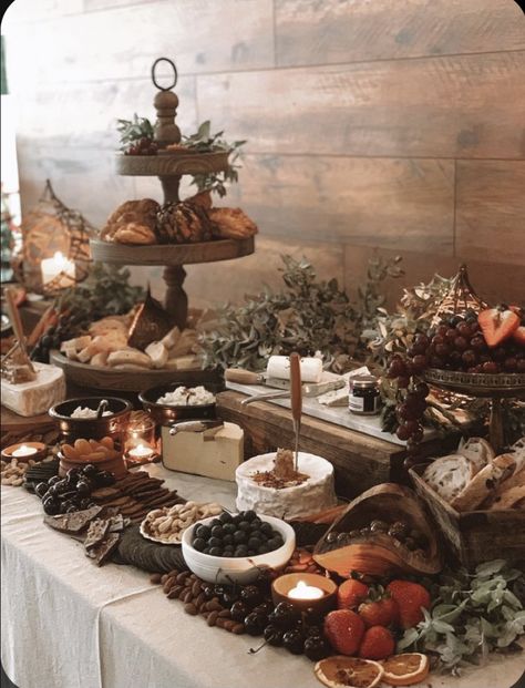 Wedding Cheese Platter, Walnut Orchard Wedding, Boho Wedding Charcuterie Table, Table Filled With Food, Rustic Wedding Charcuterie Board, Fall Wedding Food Table, Buffet Table Decor Wedding, Unique Grazing Table Ideas, Christmas Wedding Buffet