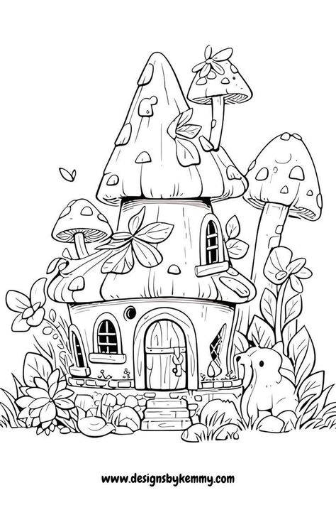 Fairy Garden Drawing, House Coloring Pages, Garden Coloring Pages, Coloring Pages For Grown Ups, House Colouring Pages, Mushroom Drawing, Coloring Pages Free Printable, Adult Coloring Designs, Free Adult Coloring Pages