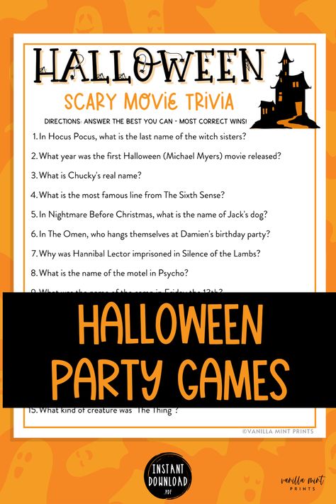 Halloween Scary Movie Trivia Party Game Scary Movie Trivia, Halloween Movie Trivia, Horror Movie Trivia, Michael Myers Movies, Movie Trivia Games, Halloween Trivia, Ghouls Night, Fun Halloween Party Games, Spooky Games