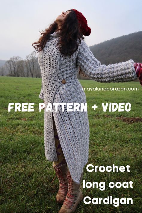 Crochet Long Coat Cardigan - Cozy Grace Free pattern | Crochet Tribe Crochet Coat Pattern Women, Crochet Long Sweater Coat Free Pattern, Crochet Winter Coat Free Pattern, Crochet Long Coat Pattern Free, Crochet House Coat Free Pattern, Crochet Long Jacket, Crochet Long Cardigan Pattern Free Sweater Coats, Boho Crochet Cardigan Pattern, Knit Long Cardigan Pattern