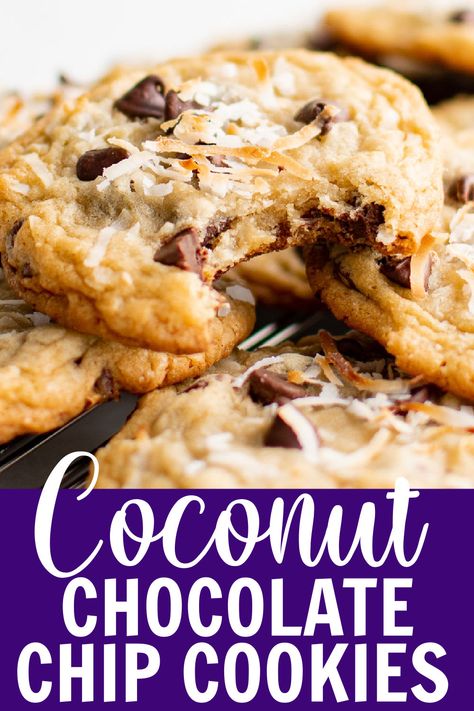 Coconut chocolate chip cookies stacked with the top one having a bite taken out of it. Chocolate Coconut Cookies, Coconut Cookies Recipes, Coconut Chocolate Chip Cookies, Coconut Chocolate, Favorite Cookie Recipe, Cookies Baking, Coconut Chips, Chewy Chocolate Chip, Coconut Cookies