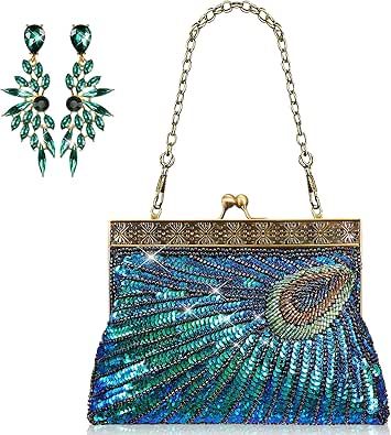 Peacock Clutch, Peacock Purse, Vintage Clutch Purse, Emerald Green Earrings, Peacock Earrings, Vintage Clutch, Clutch Purse Evening, Evening Handbag, Beaded Clutch