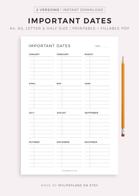 "Blank Calendar Bundle: https://www.etsy.com/listing/1083569231 Whole Shop Bundle: https://www.etsy.com/listing/1084015205 Track your Important Dates. You can use this printable to remind you of birthdays and anniversaries. Or use it as a calendar -- writing down the important events travel, parties, doctor appointments, car maintenance, etc. for each month. Just download, print and get started right away! Product information: * Your purchase includes A4, A5, Letter, Half Letter and Fillable(A4) Important Dates Bullet Journal, Important Dates Printable, Adulting 101, Apartment Checklist, Work Goals, Tv Series To Watch, Bujo Ideas, Kindle Direct Publishing, Binder Organization