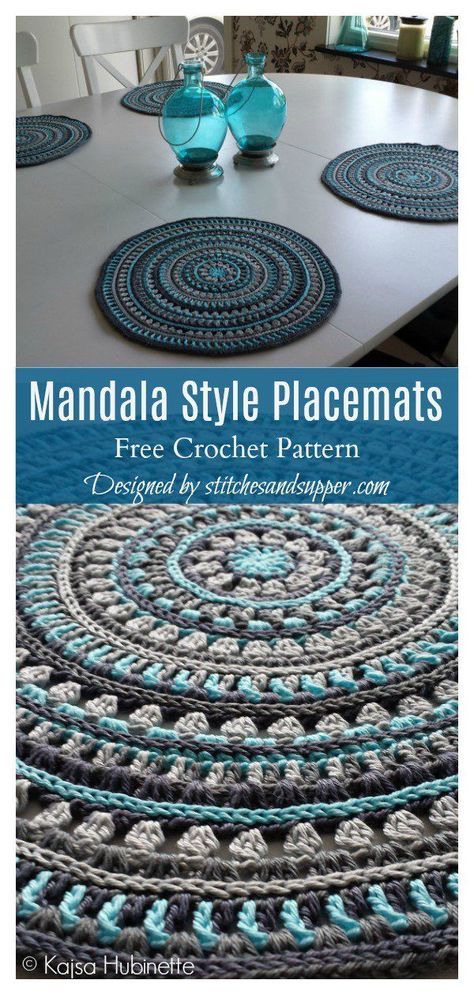 4 Mandala Placemat Free Crochet Pattern Mandala Crochet, Crochet Placemats, Confection Au Crochet, Crochet Mandala Pattern, Crochet Kitchen, Crochet Simple, Crochet Home Decor, Crochet Mandala, Crochet Motifs