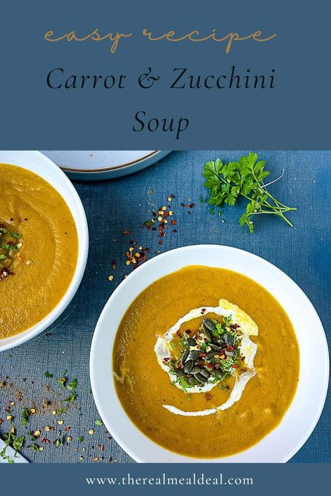 Easy carrot and zucchini soup with a little curry powder for extra kick. Simple ingredients and just 5 minutes prep time. Carrot Zucchini Soup, Courgette Soup Recipe, Courgette Soup, Easy Homemade Soups, Zucchini Soup Recipes, Carrot Zucchini, Gluten Free Dinner Easy, How To Thicken Soup, Zucchini Soup