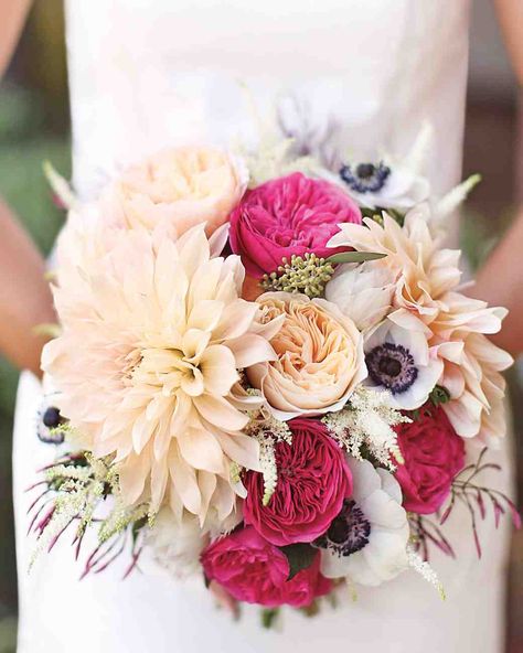 Dahlia as a Statement Flower | Martha Stewart Weddings - Give your bouquet a stunning focal point with an oversized, pastel peach café au lait dahlia like this floral design from Honey and Poppies. Accent with collarette dahlia blooms, deep-colored roses, and just a touch of green to round out the look. Astilbe Bouquet, Dahlia Wedding Bouquets, Anemone Bouquet, Dahlias Wedding, Dahlia Bouquet, Bridal Bouquet Pink, Summer Wedding Bouquets, Wedding Bouquets Pink, Deco Floral