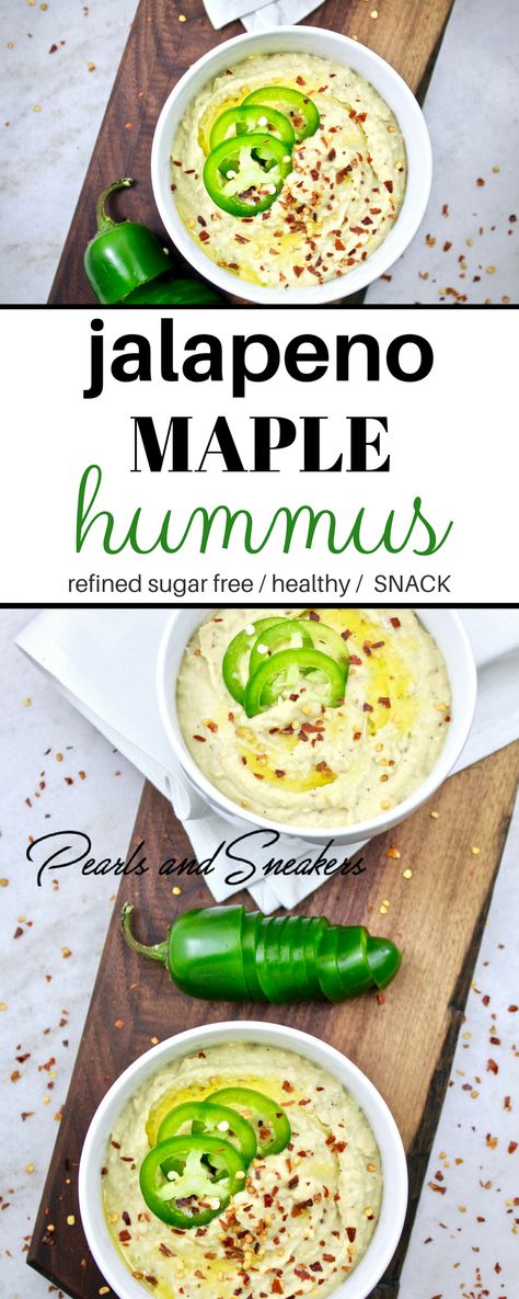 Jalapeno Maple Hummus - the perfect sweet & spicy snack! Perfect for parties, appetizers, or as an addition to any meal! Honey Hummus, Sweet Chili Hummus Recipe, Cilantro Jalapeño Hummus Recipe, Jalepeno Hummus, Cilantro Jalapeno Hummus, Spicy Red Pepper Hummus, Quick Appetizer, Sauces Recipes, Something Funny