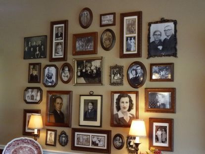 My great grandmother is the very proper looking lady on the second row from the bottom, center picture. She loved to decorate & entertain. When I'm setting my dining room table, I sometimes look at her, wondering if she would approve! Ancestry Wall, Family Pictures On Wall, Display Family Photos, Family Photo Wall, Framed Photos, Photo Wall Gallery, Family Wall, Wall Gallery, Cool Diy Projects