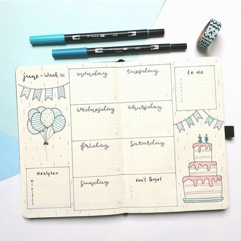 Bullet Journal August, March Bullet Journal, Bullet Journal Weekly Spread, Birthday Week, August Birthday, July Birthday, Bullet Journal Design Ideas, It's My Birthday, Bullet Journal Writing