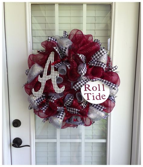 Alabama Deco Mesh Wreath                                                                                                                                                     More Football Wreath Diy, Alabama Football Wreath, College Wreaths, Alabama Wreath, Alabama Crafts, Alabama Decor, Alabama Wreaths, Football Wreaths, Ruffle Wreath