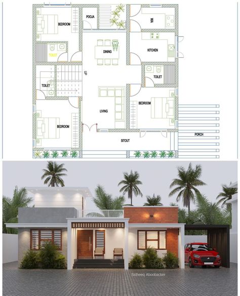 Luxury Ranch House Plans, Small House Design Kerala, Small Modern House Plans, 2bhk House Plan, Bungalow Style House, Kerala House, Minimal House, House Balcony, Little House Plans