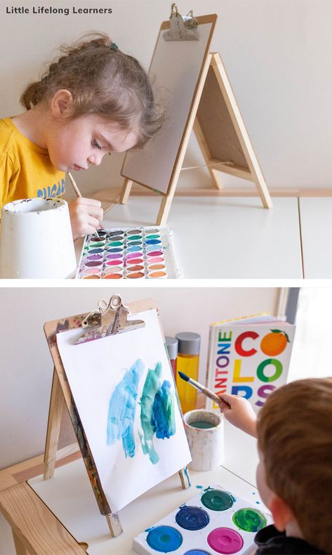 Learn how we made our DIY art easels for less than $8 each. Perfect for use as a tabletop easel for vertical surface paiting with toddlers and preschool children. Process art abd art and craft activities have never been easier! Diy Painting Easels, Diy Art Easel For Kids, Easel Painting Ideas Preschool, Diy Paint Easel, Diy Art Easels, Diy Easel Tabletop, Easels Diy, Diy Art Table, Toddler Art Table