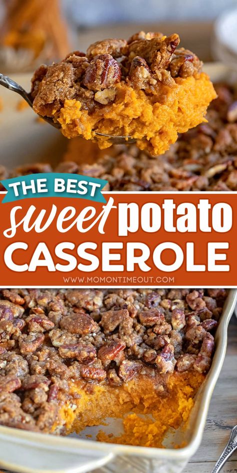 This Sweet Potato Casserole is creamy and sweet with a decadent, crunchy streusel topping. It has the most amazing flavors and textures and is a must make for the holidays! Marshmallows are optional! // Mom On Timeout Sweet Potato Casserole With Pecans, The Best Sweet Potato Casserole, Best Sweet Potato Casserole, Best Sweet Potato, Sweet Potato Casserole Easy, Sweet Potato Souffle, Mom On Timeout, Sweet Potato Biscuits, Sweet Potato Recipes Casserole