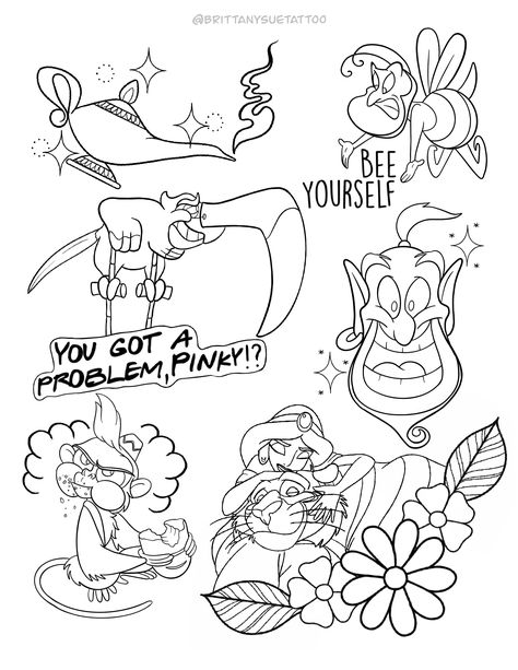 Disney Tattoo Sketches, Aladin Tattoo Ideas, Disney Flash Art, Disney Tattoo Designs Drawings, Disney Black And White Tattoo, Aladdin Tattoo Ideas, Disney Tattoo Drawings, Disney Sketch Tattoo, Disney Tattoo Designs