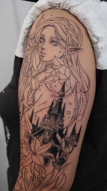 Hyrule Castle Tattoo, Legend Of Zelda Fairy Tattoo, Legend Of Zelda Sleeve Tattoo, Zelda Inspired Tattoo, Zelda Sleeve Tattoo, Zelda Dragon Tattoo, The Legend Of Zelda Tattoo Ideas, Zelda Tattoo Sleeve, Princess Zelda Tattoo