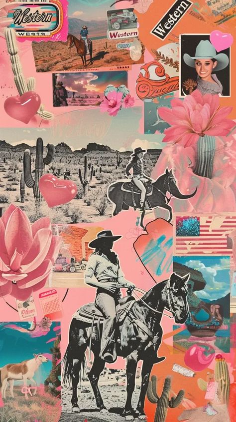 Midjourney AI Image: in the style of vintage sticker art, a collage with various stickers including cowgirl imagery and t... → more in ai-img-gen.com Vintage Cowgirl Art, Morden Art, Playful Typography, Ethel Cain, Pink Desert, Cowgirl Art, Vintage Cowgirl, Western Girl, Western Theme