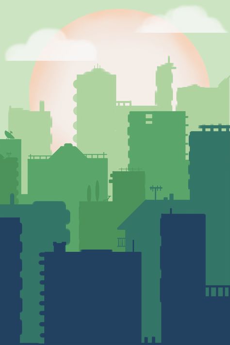 Colourful City Aesthetic, Green Building Illustration, Green City Drawing, Green City Illustration, Green Building Concept, Green Monochromatic, Monochromatic Background, Iphone Paper, Cartoon Silhouette