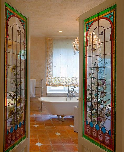 Pick a beautiful design for the bathroom door treatments to make them stand out Stained Glass Bathroom Door, Glass Bathroom Door, Eclectic Bathroom, Stained Glass Door, Glass French Doors, Glass Bathroom, French Doors Interior, Dream House Interior, Entrance Hallway